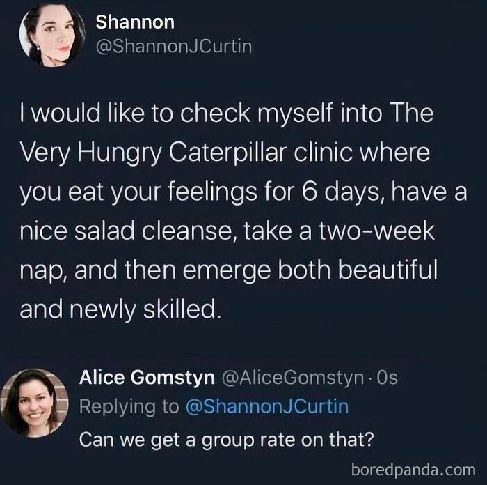 Humorous tweet about a very hungry caterpillar clinic for emotions