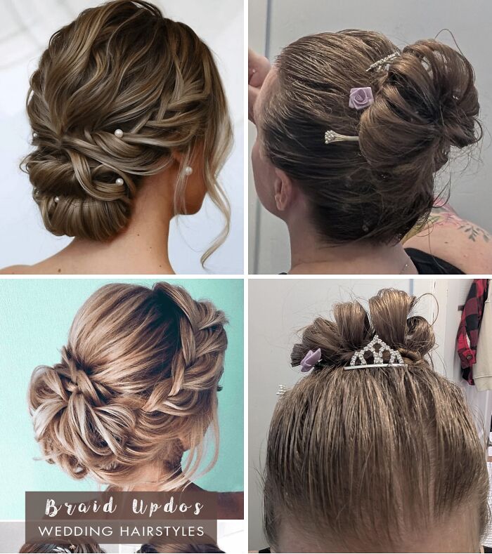 A collage contrasting elegant wedding updos with two examples of disastrous, messy updos, highlighting hair salon disasters.