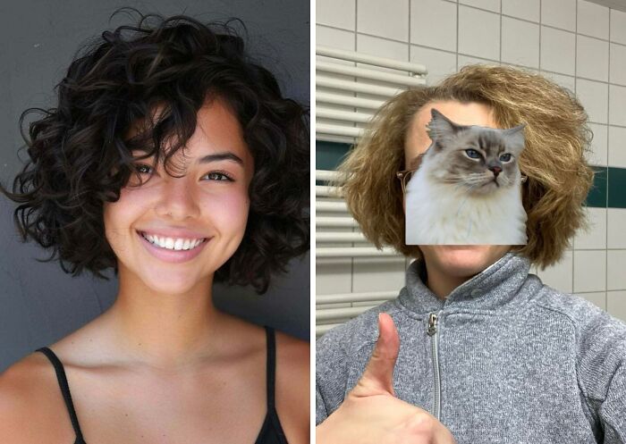 Side-by-side comparison of a woman with a curly bob hairstyle and a person with a frizzy hair salon disaster.