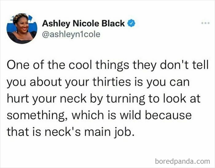 Tweet about hurting neck turning to look, a funny parenting insight.