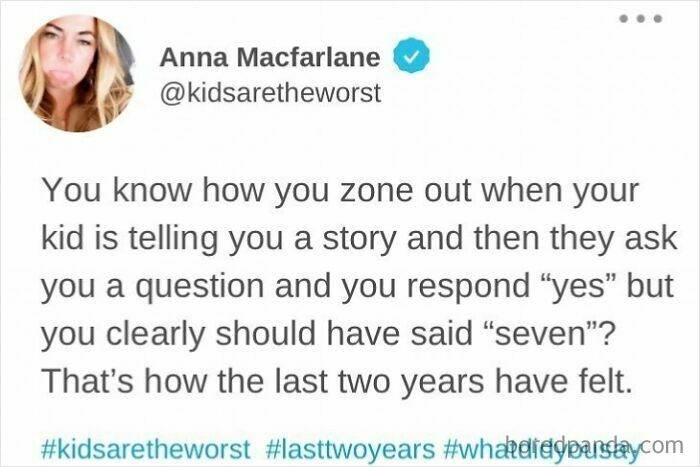 Parenting meme about zoning out while kids tell a story and mishearing them