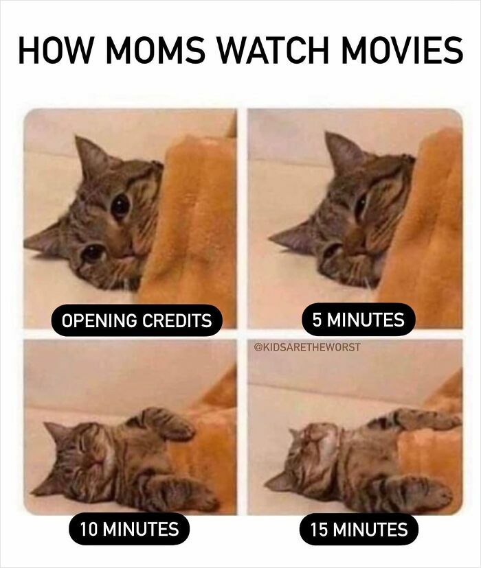Parenting meme shows how moms fall asleep watching movies with a cat.