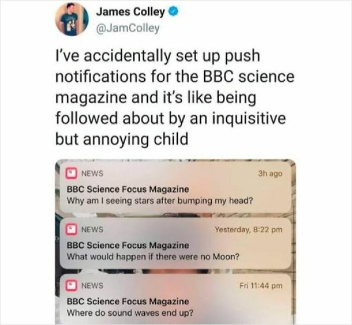 A tweet about accidental BBC Science Focus Magazine push notifications, part of miscellaneous posts to entertain you at work.
