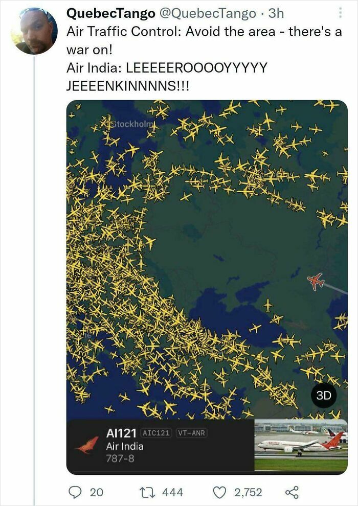 A meme displaying a map with numerous airplanes, indicating air traffic control issues for entertainment posts.