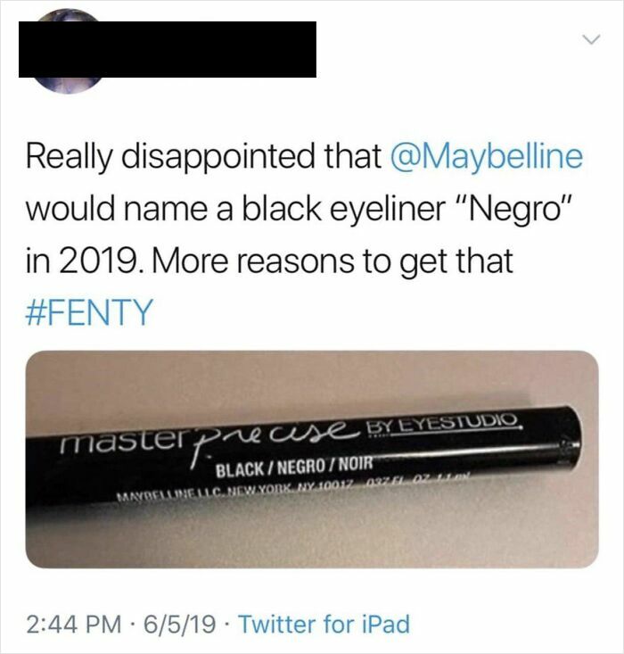 A tweet about Maybelline black eyeliner named Negro, sparking disappointment for entertainment posts.