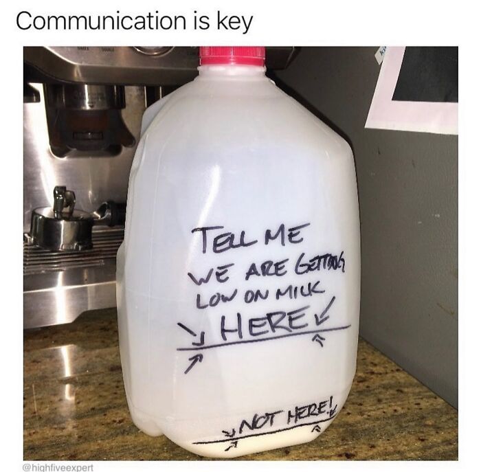 Parenting meme showing milk jug communication to indicate low milk