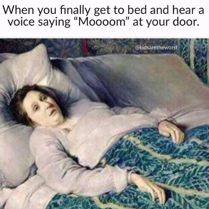 Tired parent in bed hearing child call in parenting meme