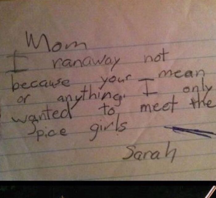 Handwritten funny note about running away to meet the spice girls