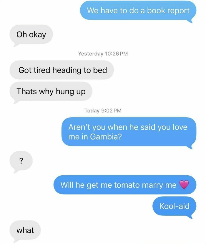 Confusing text messages about book report and unclear questions