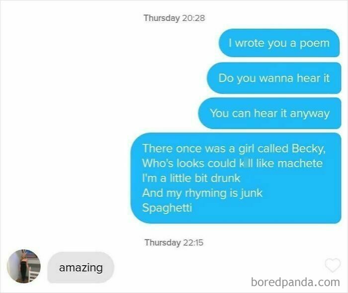 Humorous poem text message with rhyming and spaghetti punchline