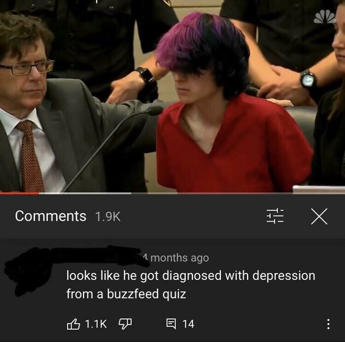 Hair Salon Disasters: A young person with purple and black hair in a courtroom setting, illustrating a hair disaster.