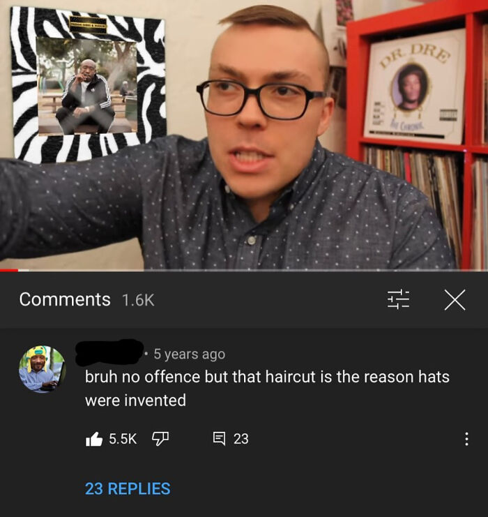 A man with a hair salon disaster, a bad haircut, with a YouTube comment about hats being invented for such hair.