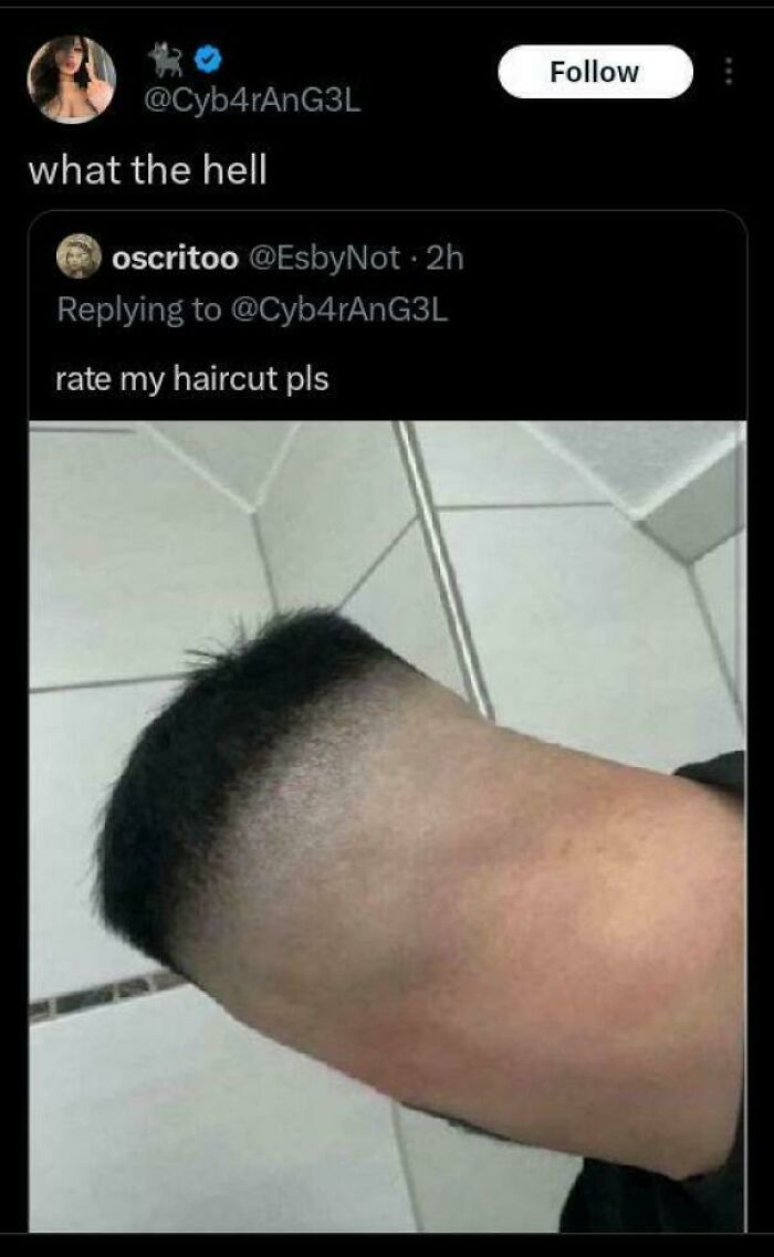 A screenshot of a tweet showing a very poorly done haircut, a hair salon disaster.
