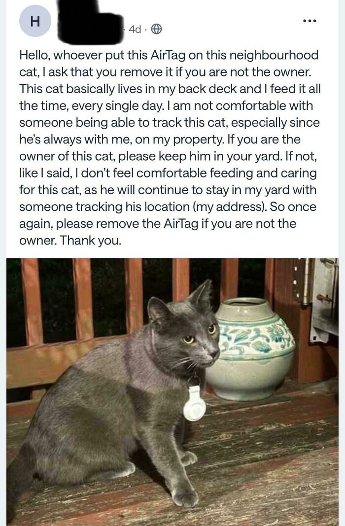 Hilarious neighborhood online community screenshot featuring a cat with an AirTag and an owner's plea for its removal.