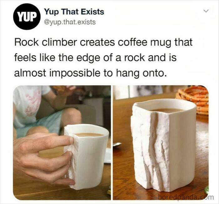 Coffee mug designed like a rock edge, inspired by rock climbers, with awkward grip
