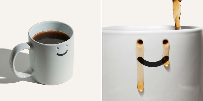 Smile coffee mug with dripping coffee spots forming a funny face design
