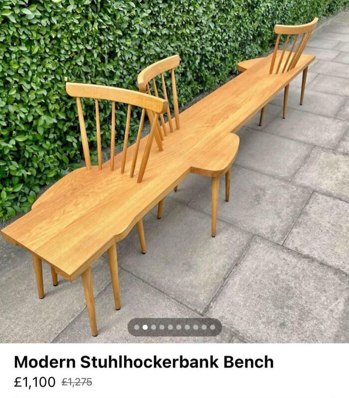 Modern wooden bench combining chair backs and seats into a single design