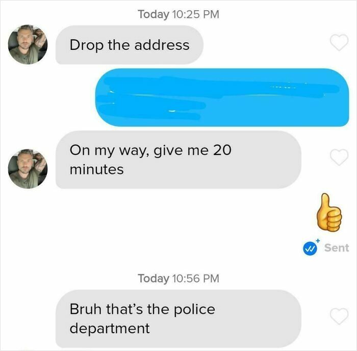 A screenshot of a text message exchange showing an epic comeback from a woman, sending a police department address.