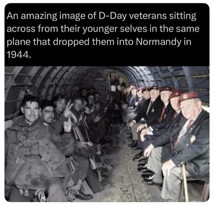 D-Day veterans sitting across from their younger selves in a plane, a powerful image explaining all wars and history.