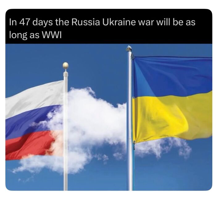 Flags of Russia and Ukraine flying against a blue sky, comparing the ongoing Russia Ukraine war length to World War I.