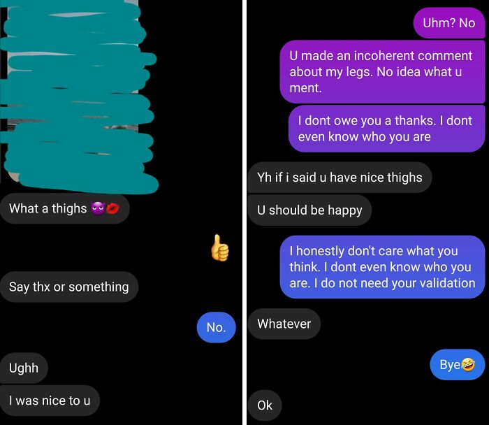 A screenshot of a text message exchange showing several epic comebacks from a woman to a persistent person.