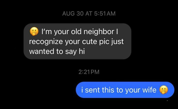 A screenshot of a text message exchange showing a woman's epic comeback when an old neighbor tried to flirt.