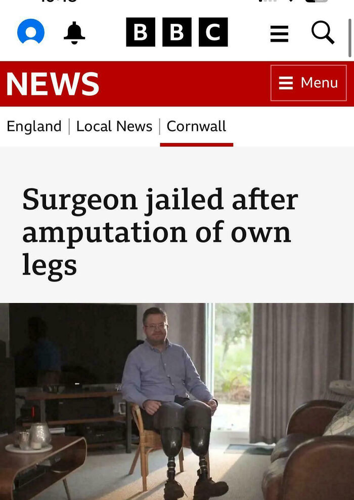 News headline about a surgeon jailed after amputating own legs