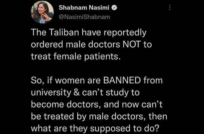 Tweet about Taliban ban on male doctors treating female patients