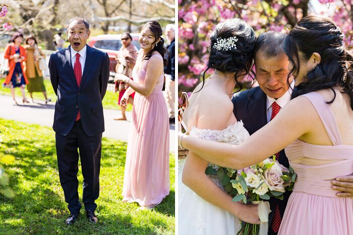 A split image of a father reacting emotionally to his daughter on her wedding day, an amazing father's joy.