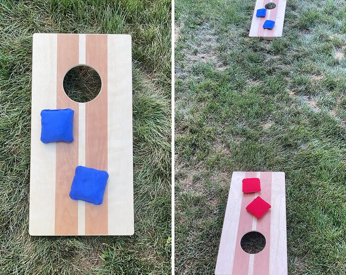 Outdoor cornhole game boards with bean bags on grass, classic father's day gift idea