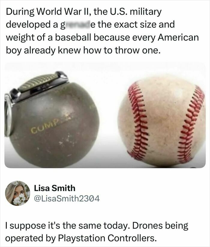 A World War II g*****e next to a baseball, highlighting military innovation and historical context, explaining all wars.