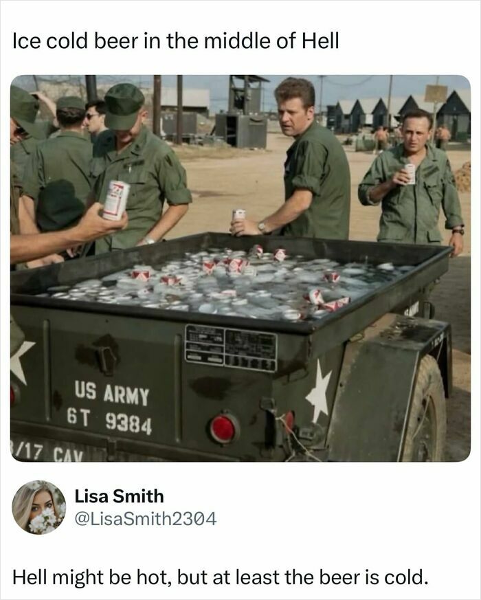 Historical image of US Army soldiers enjoying cold beer from a trailer, a moment of relief in all wars.