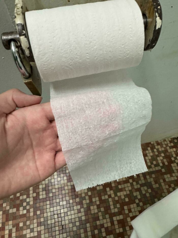 Class clown consequences shown by a hand pulling toilet paper from a dispenser in a school restroom