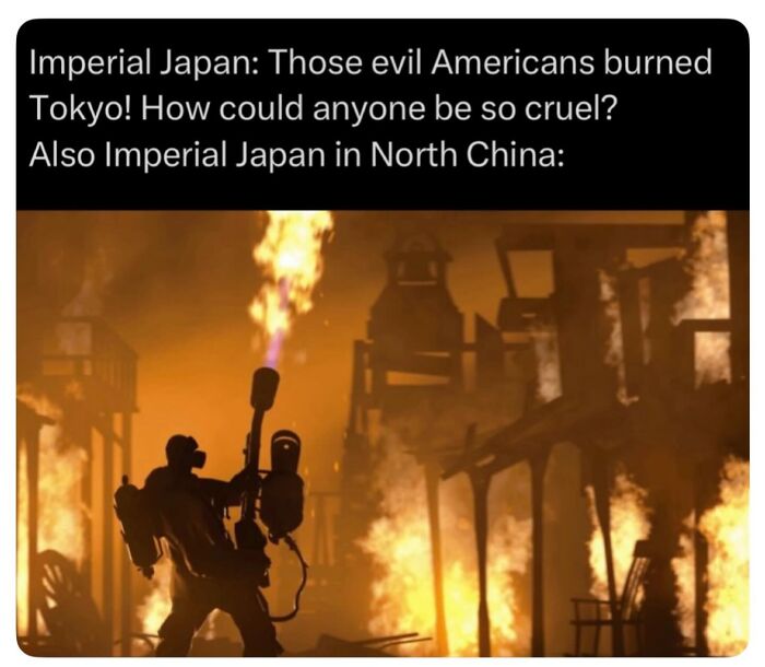 Historical image of a flamethrower in a burning town, representing the cruel realities of all wars.