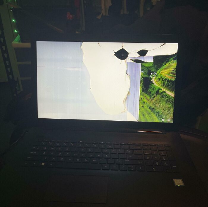 A laptop with a severely cracked screen displaying a distorted image of a landscape, highlighting Electronics Fails.