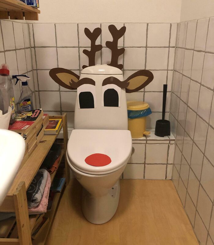 A toilet decorated like a reindeer, showing a creative and fun parent. This amazing father made a unique bathroom.