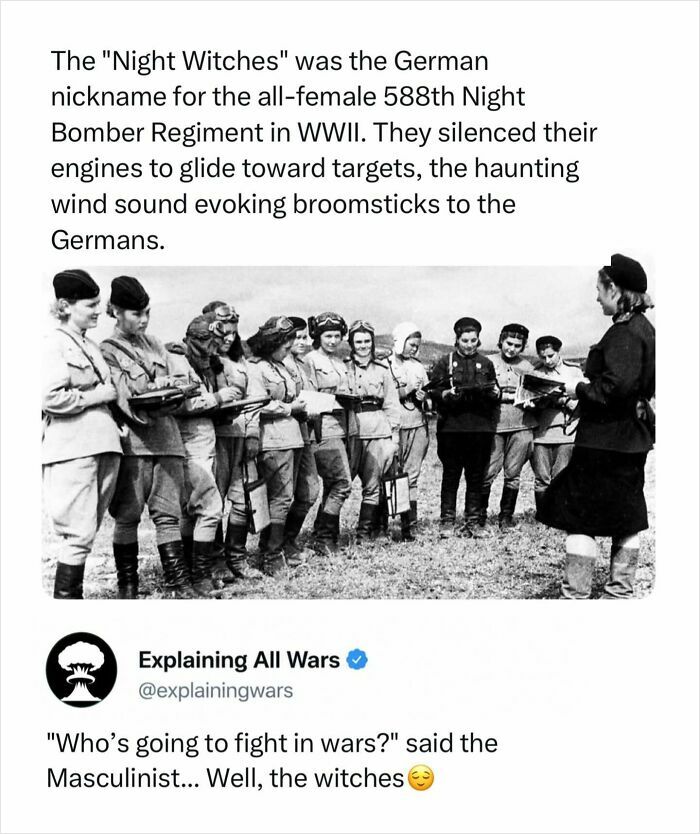 Black and white photo of the Night Witches, an all-female 588th Night Bomber Regiment during WWII, explaining all wars.