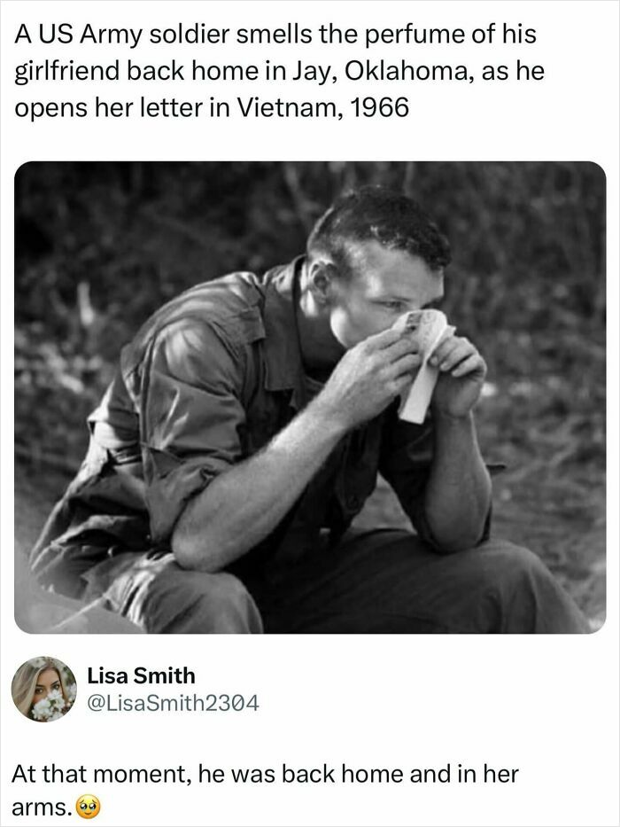 A US Army soldier smells his girlfriend's perfume from a letter during the Vietnam War, illustrating personal impact of wars.