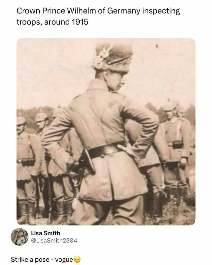 Crown Prince Wilhelm of Germany inspecting troops around 1915, a historical image related to wars.