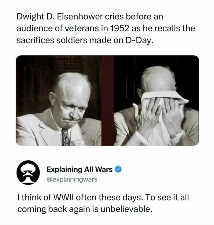 Dwight D. Eisenhower crying while recalling soldier sacrifices on D-Day, relevant to history of wars.
