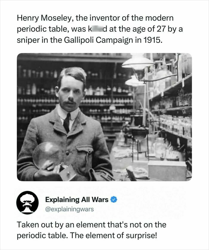 A black and white photo of Henry Moseley in a laboratory, with text about his d***h in the Gallipoli Campaign, relevant to history and wars.