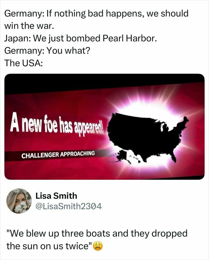 A meme showing the USA as a new foe appearing, following the bombing of Pearl Harbor, explaining history and wars.