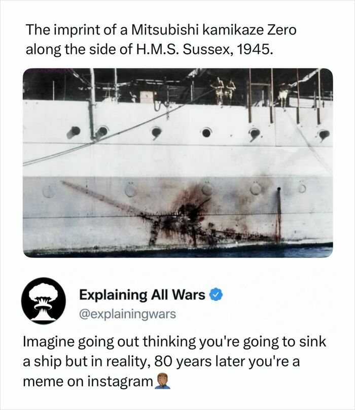Historical image of a Mitsubishi kamikaze Zero imprint on H.M.S. Sussex, 1945, showing the impact of wars.