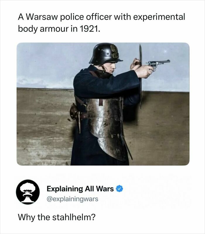 A Warsaw police officer in 1921 wearing experimental body armour, a unique piece of history explaining all wars.