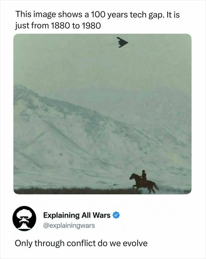 A lone rider on horseback in a snowy landscape with a stealth bomber in the sky, showing a tech gap in history, explaining all wars.