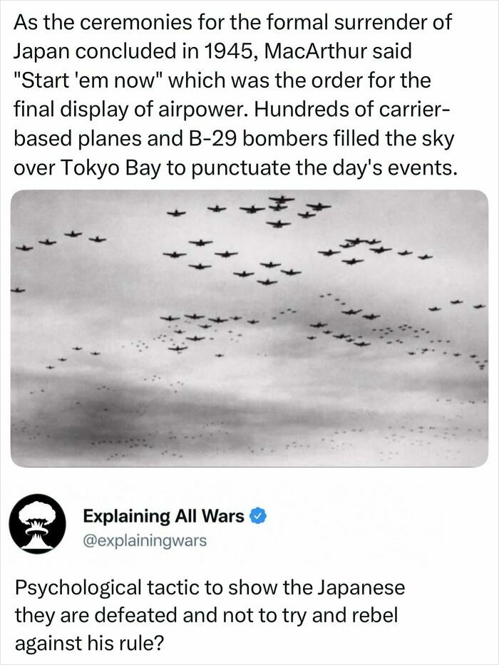Historical image of numerous B-29 bombers flying over Tokyo Bay, a powerful display of all wars.