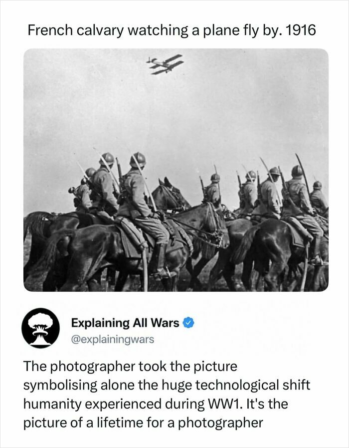 French cavalry on horses watching an early plane fly by in 1916, depicting a moment from the history of wars.