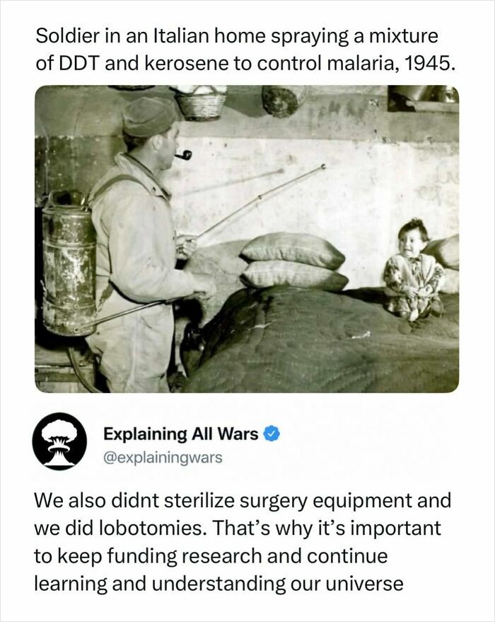 A soldier spraying DDT in an Italian home in 1945, a historical moment of explaining all wars.