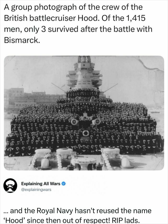 Large group photograph of the British battlecruiser Hood crew before battle, illustrating a historical war event.