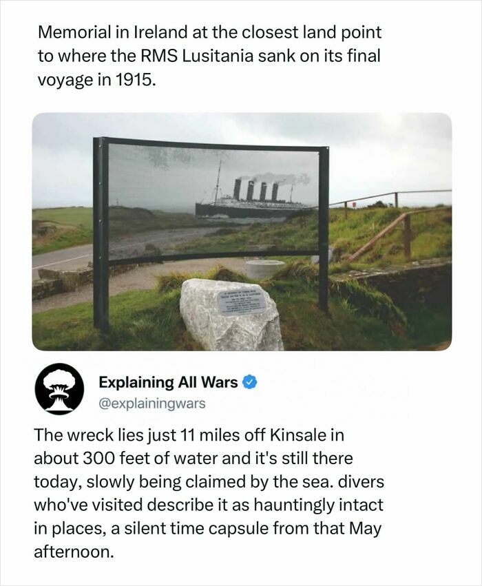 A memorial in Ireland showing the RMS Lusitania sinking, explaining all wars and the history behind it.